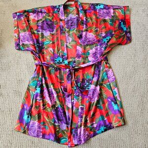 Vtg Lucie Ann II Kimono Womens Large Red Purple Floral Satin Silky Robe USA